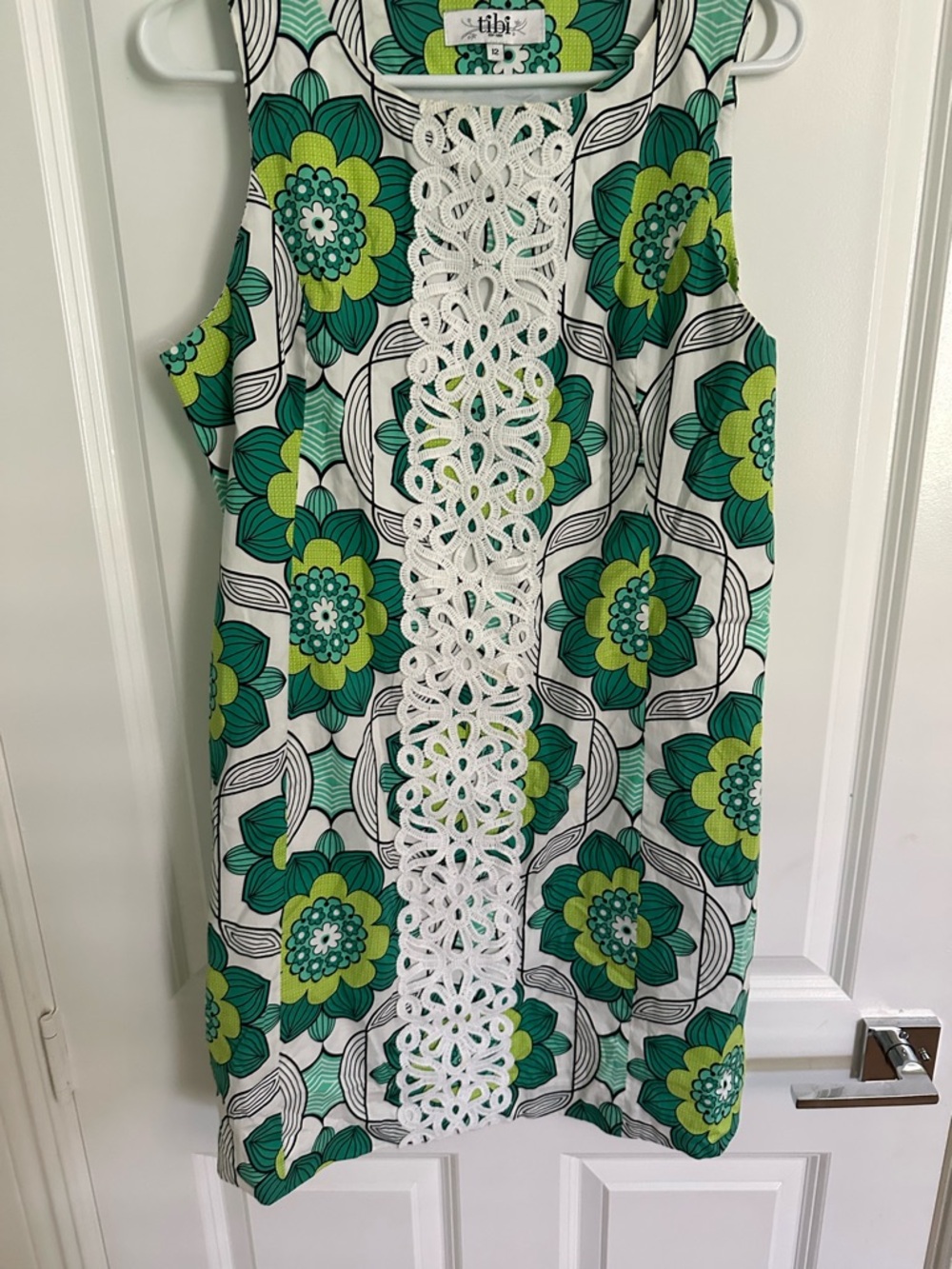 Tibi Green & White Floral Mini Dress with Lace Trim